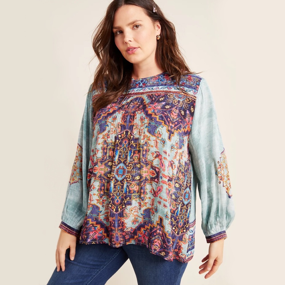 NWT Anthropologie Prudence Embroidered Blouse Size 1X Blue Red Bohemian Tapestry